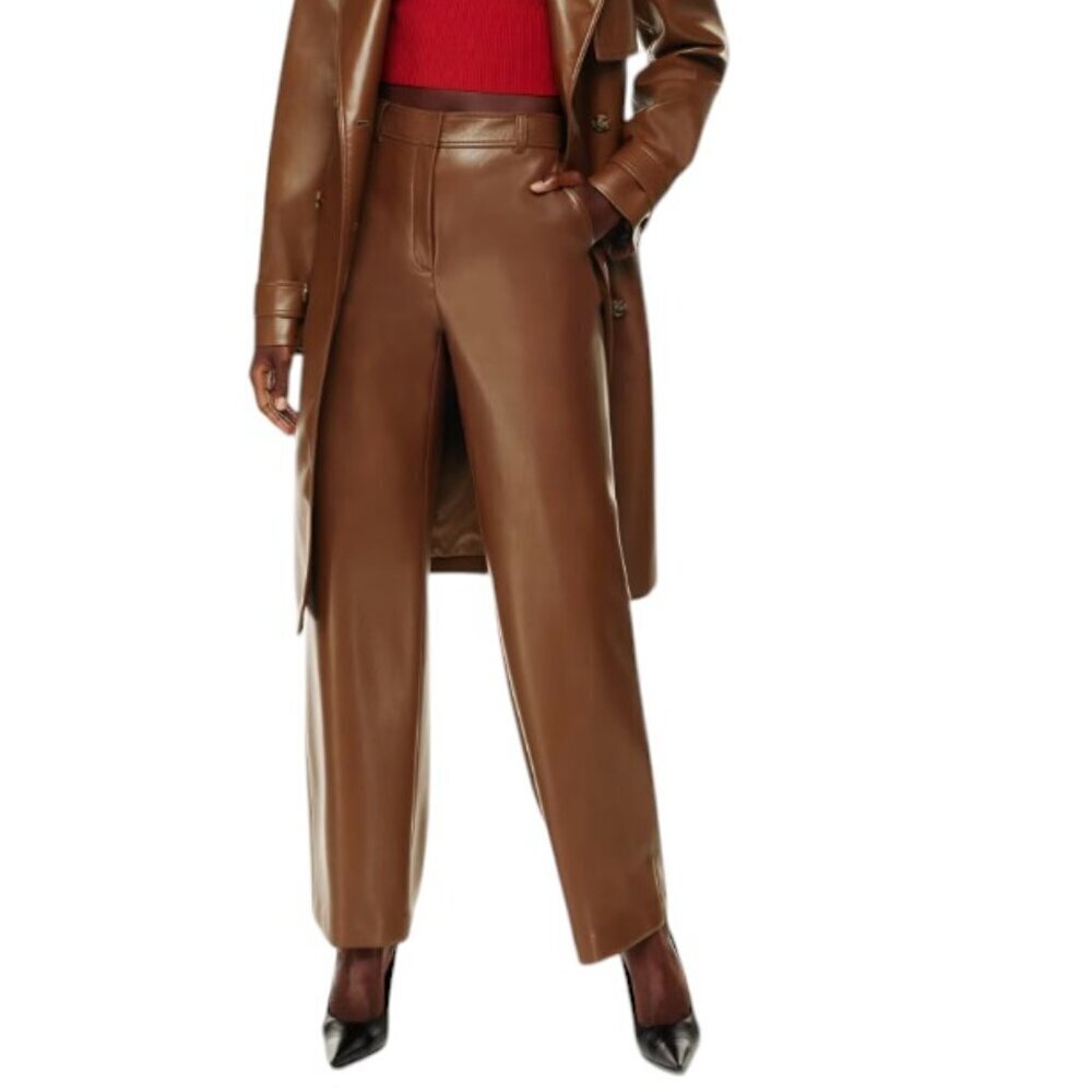 Aritzia Babaton Agency Pants, High Waist, Vegan Leather, Straight Leg, Cognac, 8